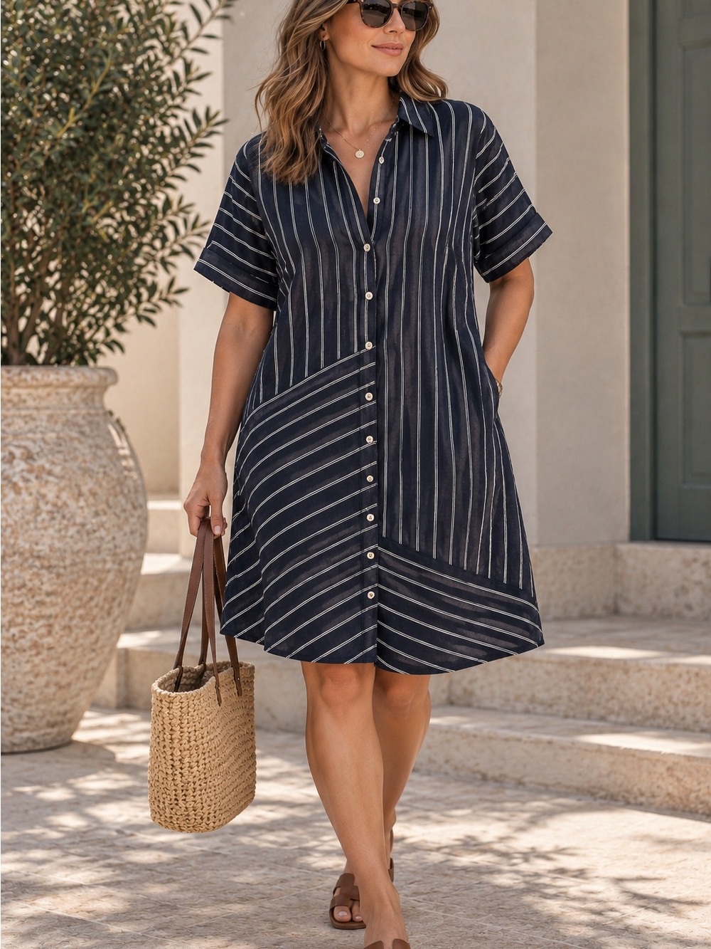 J. Jill 100% Linen Navy and White Striped Button-Front Midi Dress